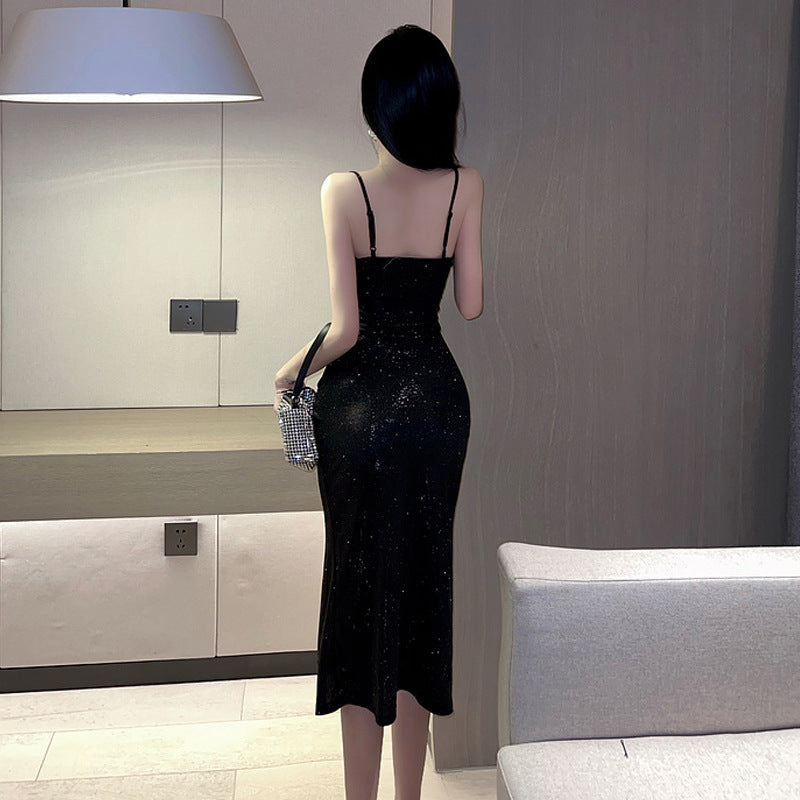 Slit Spaghetti Strap Nightclub Dress – Deep V-Neck & Exposed Waist | Black & Champagne