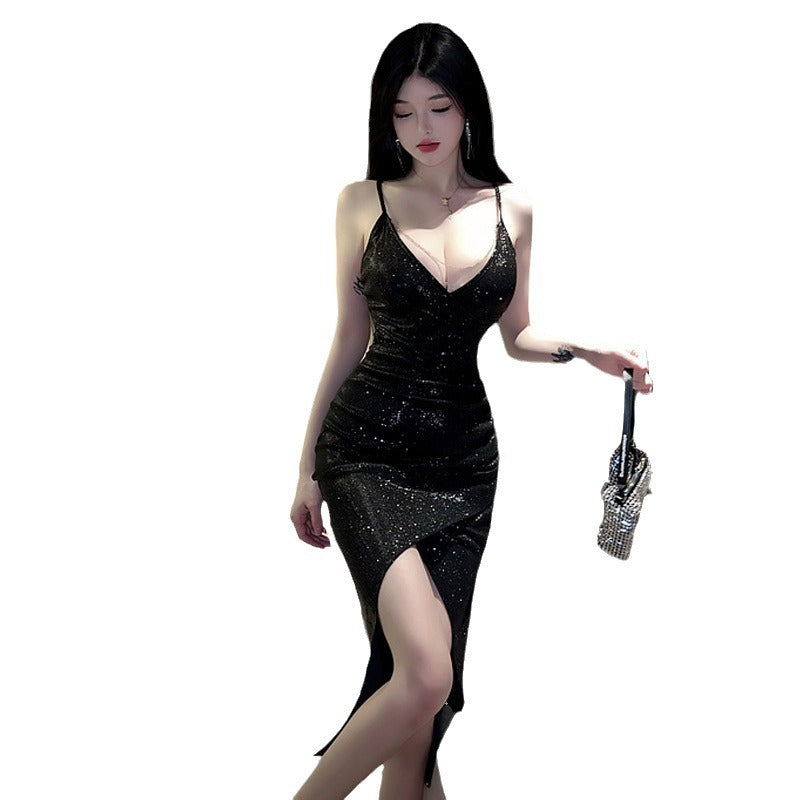 Slit Spaghetti Strap Nightclub Dress – Deep V-Neck & Exposed Waist | Black & Champagne